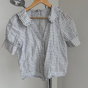 Madewell White Blouse with Black Windowpane Grid